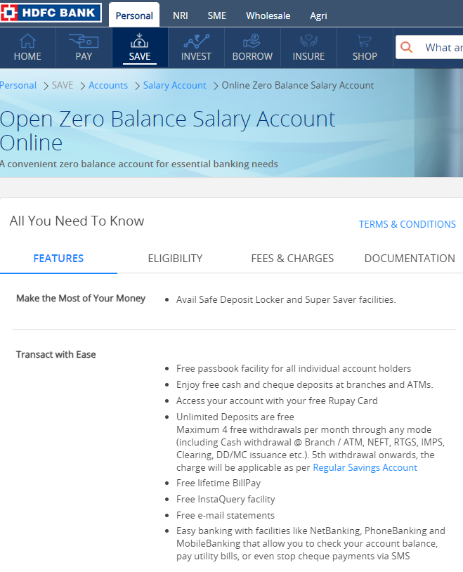 HDFC Zero Balance Account Open Features